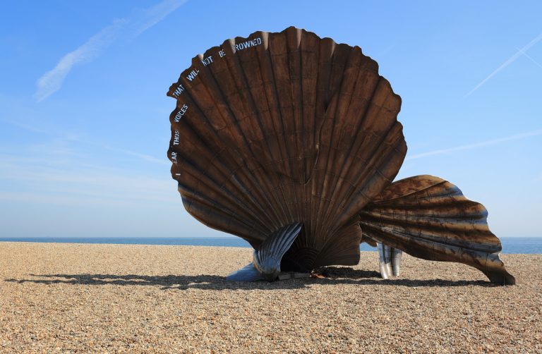 The Scallop sculpture dedicated to Benjamin Britten who lived in Aldborough and walked along this beach.